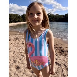 Maillot 1 pièce fillette rayures bleu ciel avec motif flamant rose et écriture du 2 au 8 ans