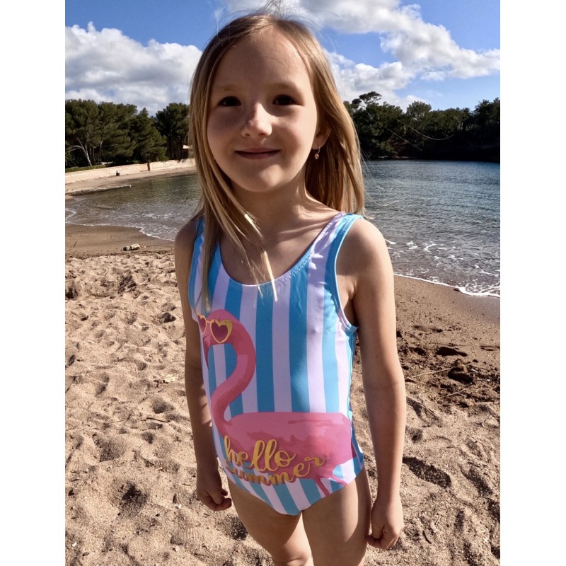 Maillot 1 pièce fillette rayures bleu ciel avec motif flamant rose et écriture du 2 au 8 ans