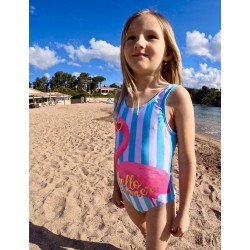 Maillot 1 pièce fillette rayures bleu ciel avec motif flamant rose et écriture du 2 au 8 ans