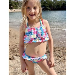 Maillot 2 pièces fillette haut forme brassière détails tressés culotte à volant - 2 au 8 ans