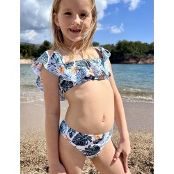 Maillot 2 pièces fillette imprimé tropical bleu brassière à volant culotte classique du 8 au 14 ans