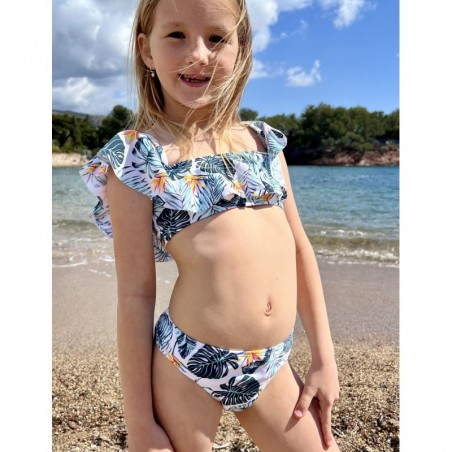 Maillot 2 pièces fille imprimé tropical bleu brassière à volant culotte classique du 8 au 14 ans