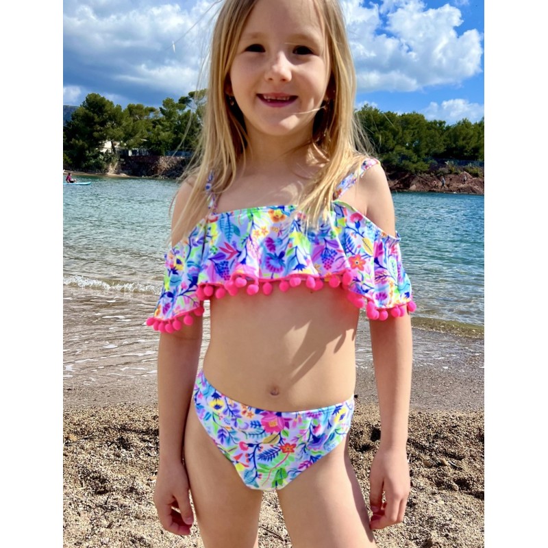 Bikini fillette imprimé floral brassière à volant détails boules roses culotte classique du 8 au 14 ans