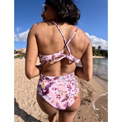 Maillot de bain 1 pièce femme rose imprimé floral, décolleté & dos ficelle - 36 à 44 - Dos