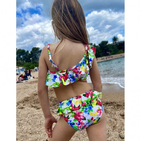 Bikini fille floral fond blanc à volants brassière à large bretelle culotte classique du 8 au 14 ans