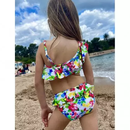 Bikini fille floral fond blanc à volants brassière à large bretelle culotte classique du 8 au 14 ans