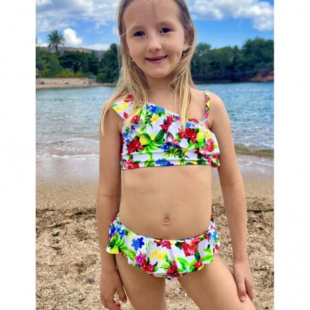 Bikini fille floral fond blanc à volants brassière à large bretelle culotte classique du 8 au 14 ans
