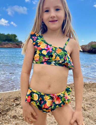 Bikini fillette floral & fruits fond marine à volants brassière à large bretelle culotte classique du 8 au 14 ans