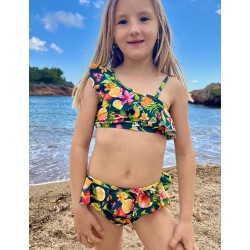 Bikini fillette floral & fruits fond marine à volants brassière à large bretelle culotte classique du 8 au 14 ans