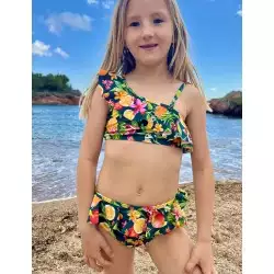 Bikini fille floral & fruits fond marine à volants brassière à large bretelle culotte classique du 8 au 14 ans