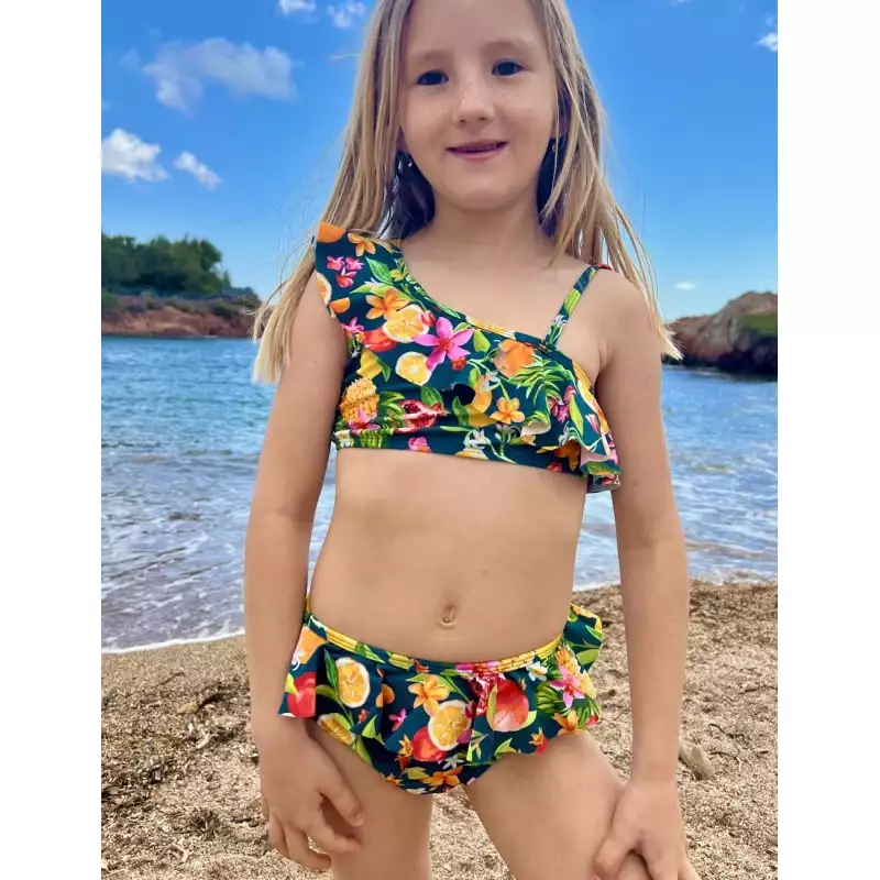 Bikini fille floral & fruits fond marine à volants brassière à large bretelle culotte classique du 8 au 14 ans