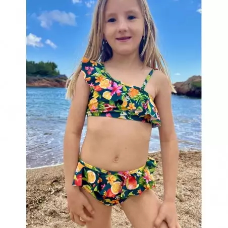 Bikini fille floral & fruits fond marine à volants brassière à large bretelle culotte classique du 8 au 14 ans