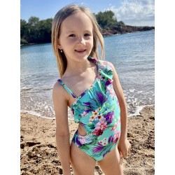 Maillot 1 pièce fillette floral fond bleu à volants bretelles large et fine du 8 au 14 ans