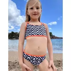 Maillot 2 pièces fille chevron noir & blanc avec liseré corail haut brassière culotte classique du 8 au 14 ans