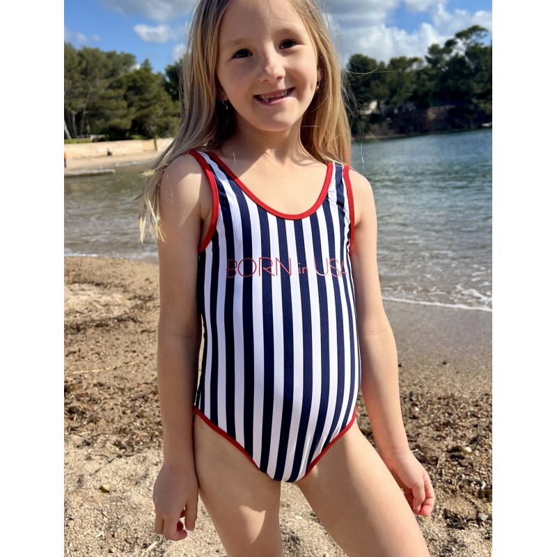 Maillot 1 pièce fille rayures marine et blanc liseré rouge tailles du 6 à 16 ans