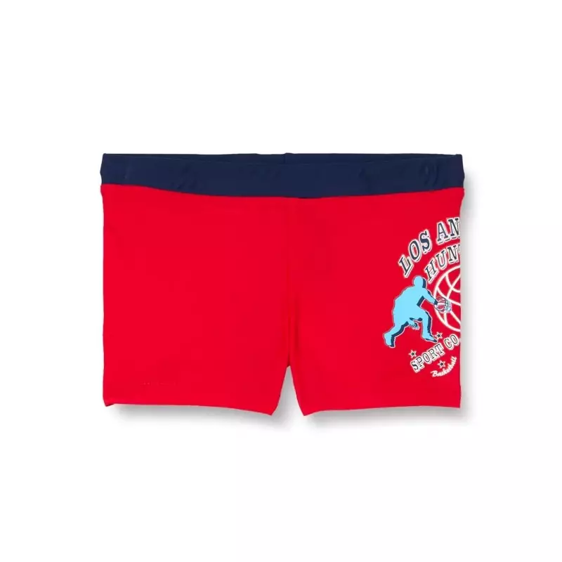 Boxer de bain garçon rouge motif basket-ball ceinture marine du 4 au 14 ans