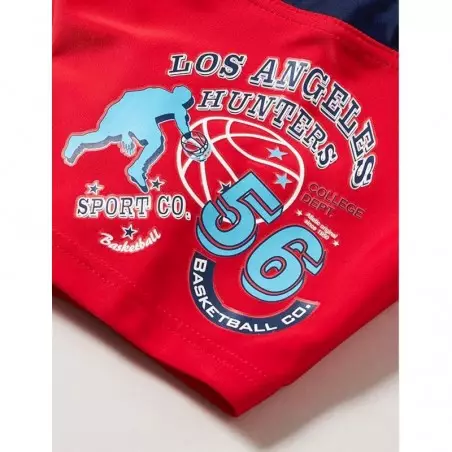 Boxer de bain garçon rouge motif basket-ball ceinture marine du 4 au 14 ans