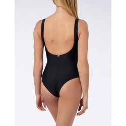 Maillot 1 pièce emboitant, uni noir, imprimé feuillage vert sur poitrine - du 38 au 60
