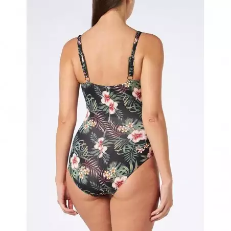Maillot de bain 1 pièce, effet ventre plat, imprimé tropical, dos droit - Bonnet C du 38 au 52