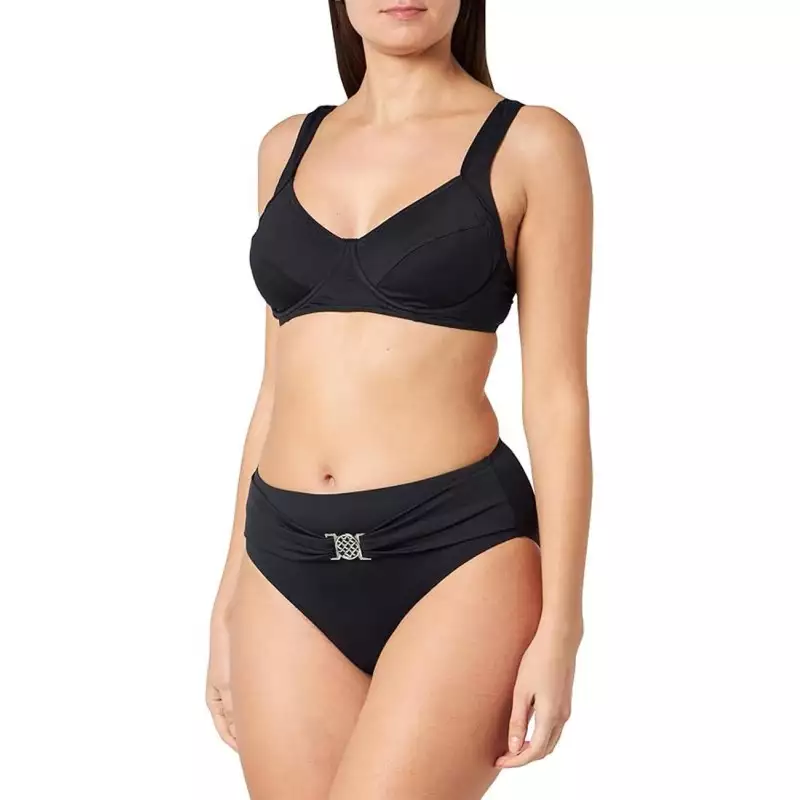 Maillot 2 pièces noir, bonnet D, à armature, culotte haute avec bijou - du 38 au 52