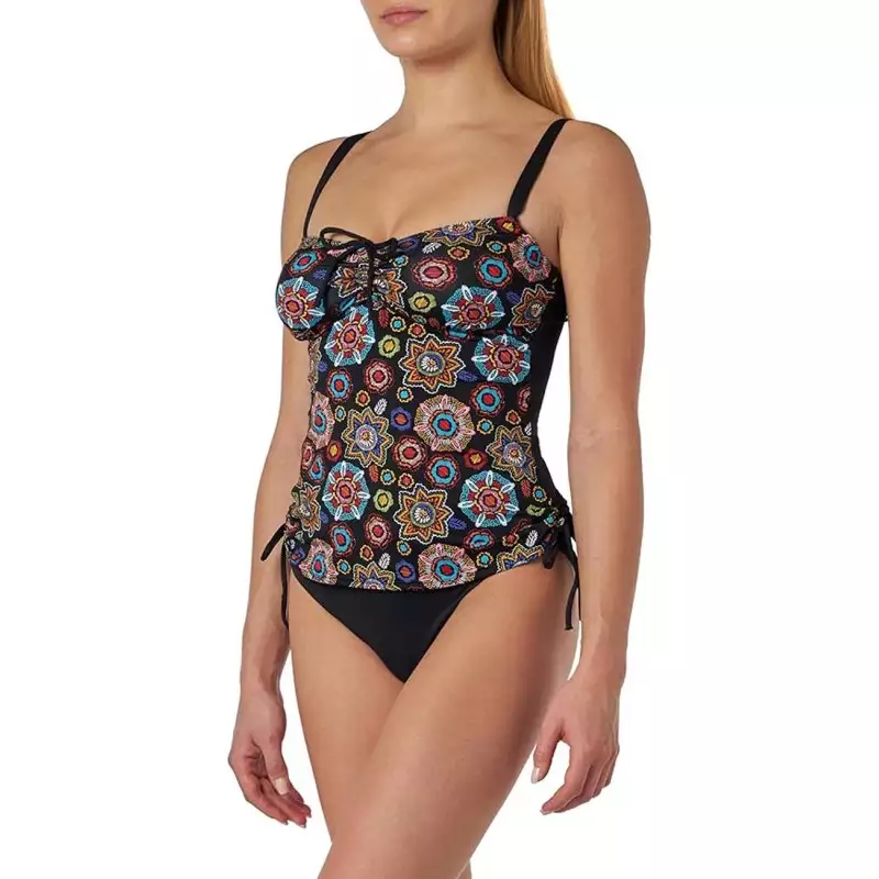 Tankini imprimé mandala coloré et culotte haute noir, taille 36 à 52