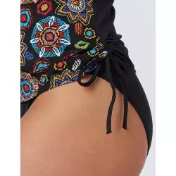 Tankini imprimé mandala coloré et culotte haute noir, taille 36 à 52 - Détails