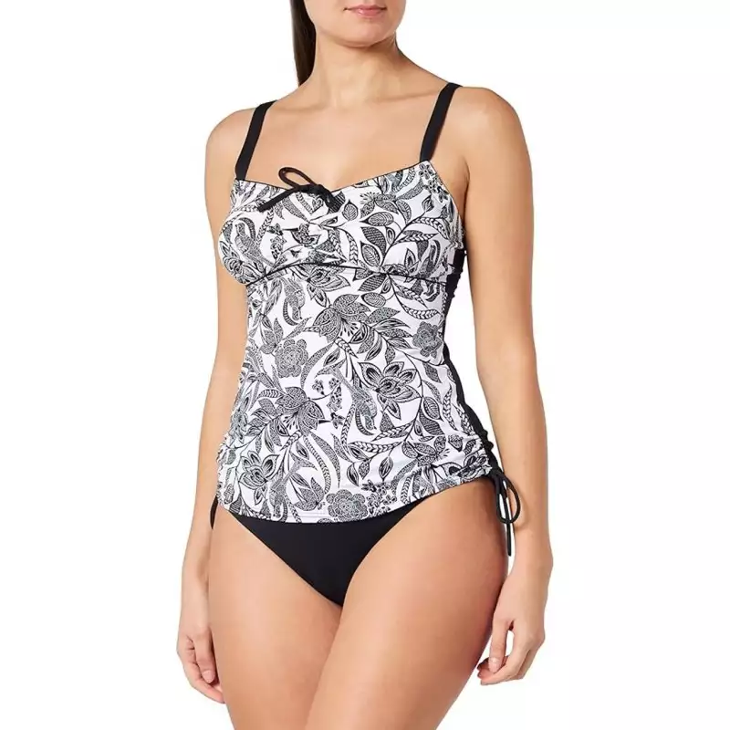 Ensemble tankini floral blanc et noir, culotte haute noir à revers imprimé, taille 36 à 52