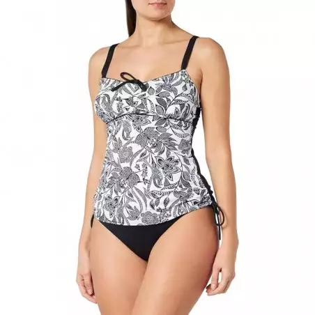 Ensemble tankini floral blanc et noir, culotte haute noir à revers imprimé, taille 36 à 52