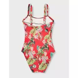 Maillot 1 pièce fille, rouge imprimé floral, liserai noir - 6 à 16 ans