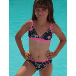 Bikini triangle marine à fleurs colorés et liseré rose fluo - du 6 au 16 ans