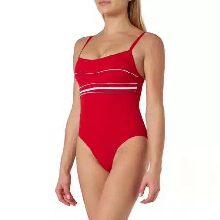 Maillot 1 pièce gainant rouge avec liseré blanc, tissu jacquard, bonnet C, bretelles réglables, dos droit, du 36 au 48