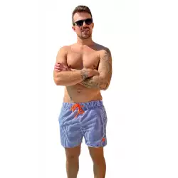 Boardshort de Surf Homme à Rayures Bleues et Blanches avec Logo Orange Fluo