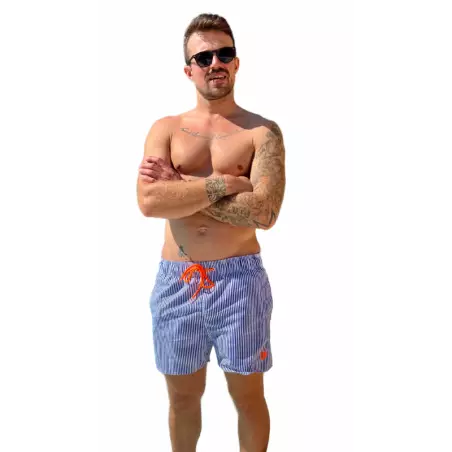Boardshort de Surf Homme à Rayures Bleues et Blanches avec Logo Orange Fluo