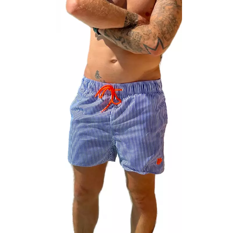 Boardshort de Surf Homme à Rayures Bleues et Blanches avec Logo Orange Fluo