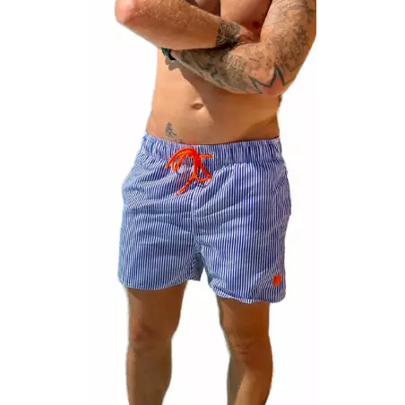 Boardshort de Surf Homme à Rayures Bleues et Blanches avec Logo Orange Fluo