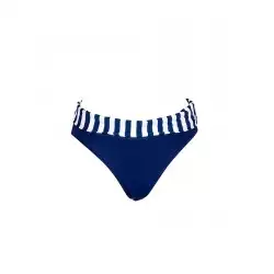 Culotte maillot de bain femme taille haute à revers rayure, marine et blanc