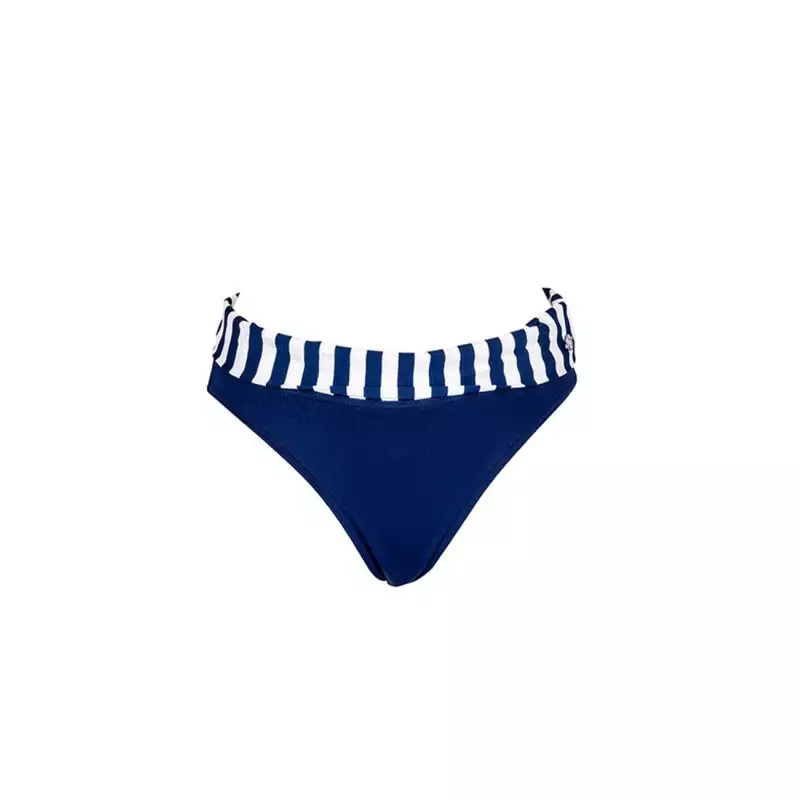 Culotte maillot de bain femme taille haute à revers rayure, marine et blanc