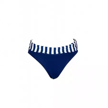Culotte maillot de bain femme taille haute à revers rayure, marine et blanc