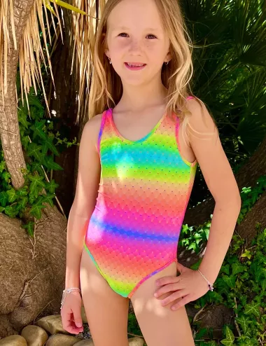 Maillot 1 pièces fillette arc en ciel décolleté et dos arrondis - tailles 2 à 8 ans