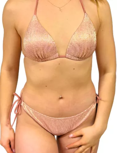 Bikini femme haut triangle à coques, culotte réglable, uni rose poudré pailleté, du 36 au 44
