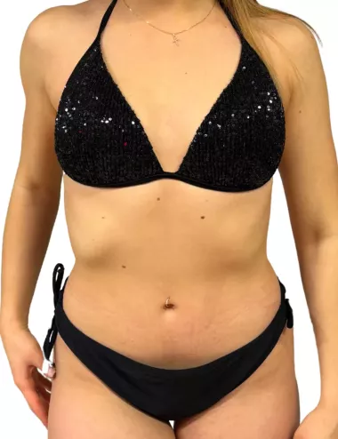 Ensemble 2 pièces uni noir pailleté, haut triangle à coques, culotte réglable, du 36 au 44