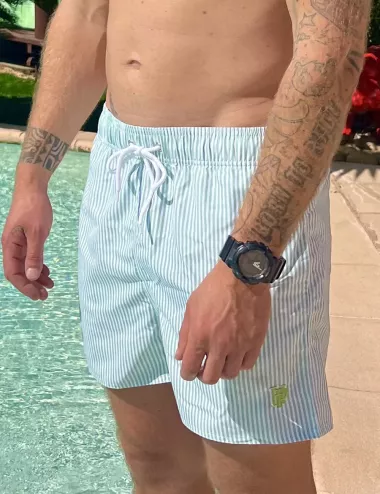 Boardshort homme rayé blanc et vert, nœud de serrage et poche au dos - tailles S à XXL