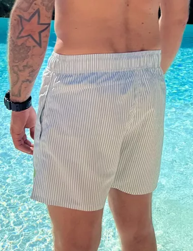 Boardshort homme rayé blanc et vert, nœud de serrage et poche au dos - tailles S à XXL