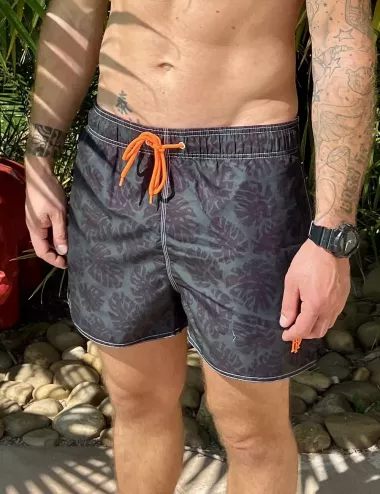 Boardshort homme imprimé feuillage kaki, nœud de serrage orange et poche au dos - tailles S à XXL
