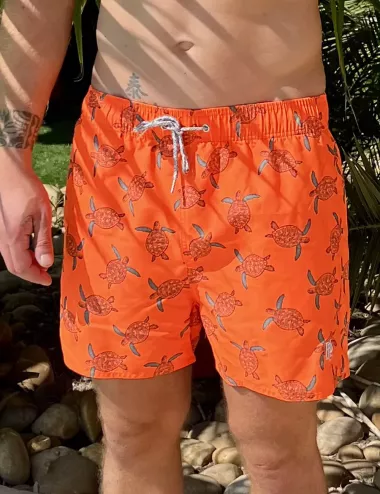 Boardshort homme orange imprimé tortues, nœud de serrage et poche au dos - tailles S à XXL