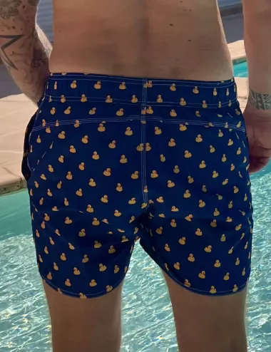 Boardshort homme bleu marine imprimé canards, nœud de serrage et poche au dos - tailles S à XXL