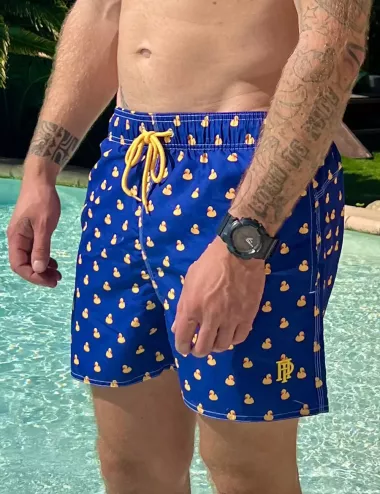 Boardshort homme bleu marine imprimé canards, nœud de serrage et poche au dos - tailles S à XXL