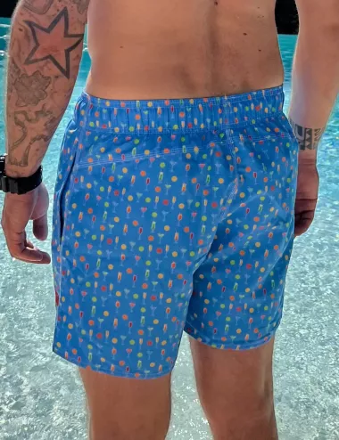 Boardshort homme bleu imprimé cocktail, nœud de serrage et poche au dos - tailles S à XXL
