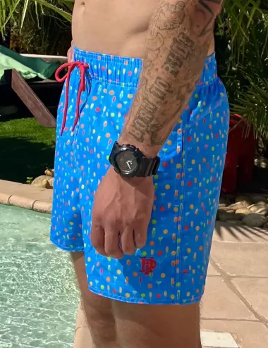 Boardshort homme bleu imprimé cocktail, nœud de serrage et poche au dos - tailles S à XXL