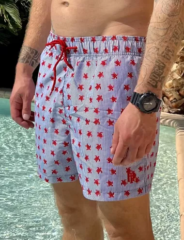 Boardshort homme rayé marine et blanc imprimé tortues, nœud de serrage et poche au dos - tailles S à XXL